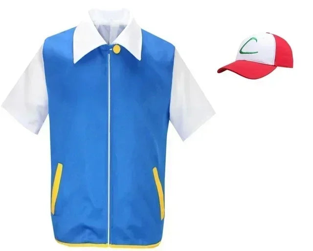Ash Ketchum Cosplay Anime Clothes Men Blue Jacket Costume Boys Girls Cosplay for Party Trainer Pokemon Cap Gloves Set