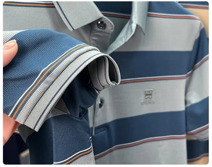 Light luxury striped color blocked short sleeve polo shirt brand symbol emboss high-end casual summer silky smooth men's T-shirt