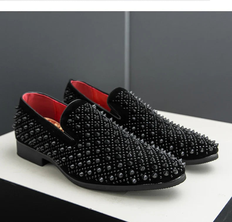 Hairdresser personality trend rivet hot diamond Loafers men's British vintage rhinestone shoe hipster leather shoes
