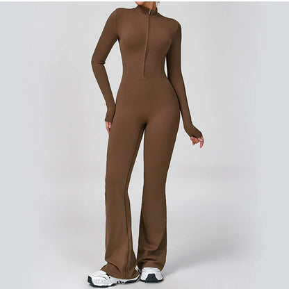 VITALINOVO Women Long Sleeve Flare Workout Jumpsuit Zip Up Romper Bottom Pants Wide Leg Full Length Bodysuit Bodycon One Piece