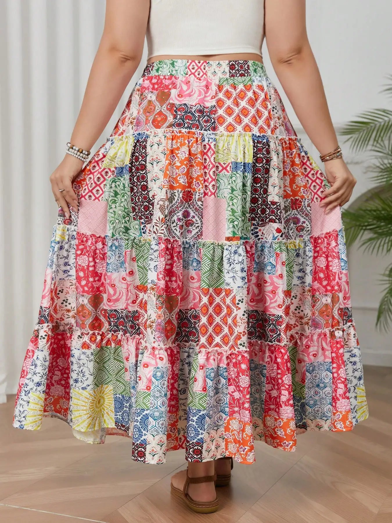 Plus size women's printed holiday style skirt spliced A-line skirt