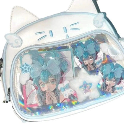 Korean Kawaii Cat Lolita Bag Cute PU Shoulder Bag Girls Transparent Pocket Harajuku Crossbody Bag Women's Fashion Backpacks
