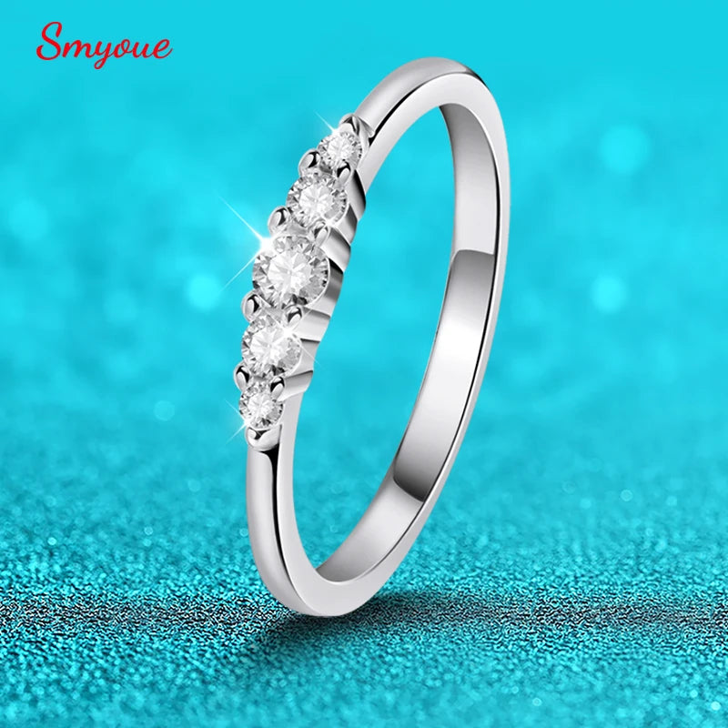 0.13CTTW 2.5mm Certified Moissanite Rings for Women 5 Stones Sparkling Sterling Silver 925 Wedding Band Mach Diamond GRA