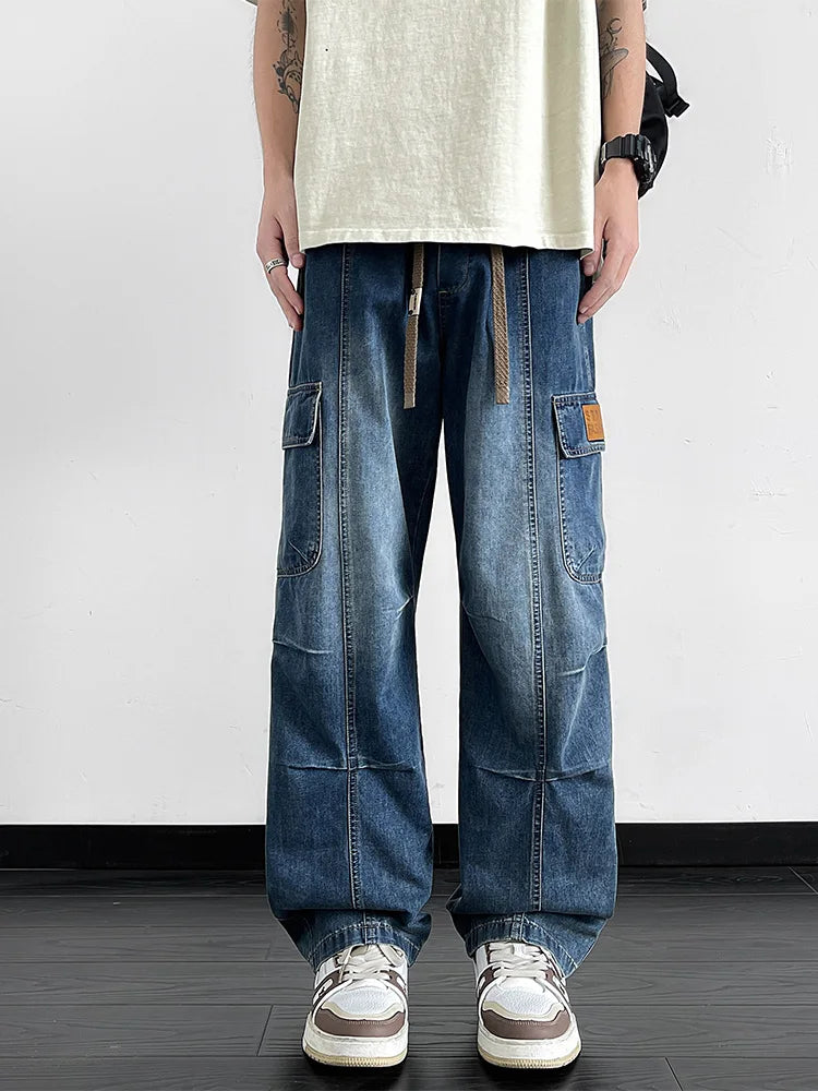 Men's Cargo Jeans with 5 Pockets Spring Summer All-Day Wide Leg Straight Baggy Jeans Brushed Warm Denim Pants Asian Size L-6XL
