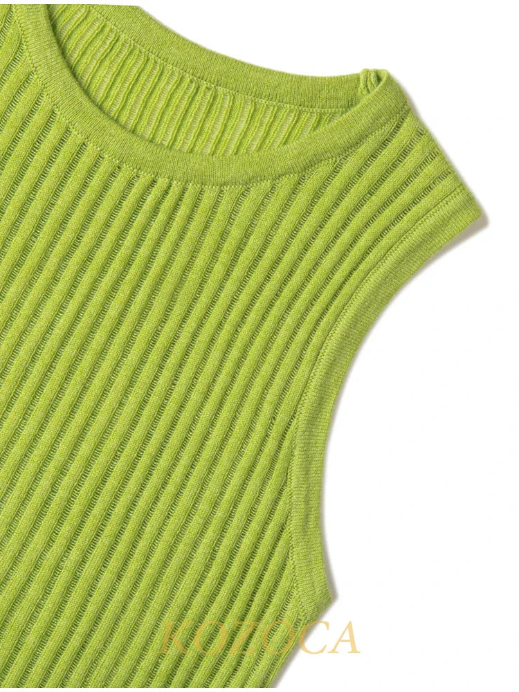 100% Wool Chic Solid Tanks Elegant Striped See Through Hollow Out Women Tops Sleeveless Elastic Tops Club Party Clothes