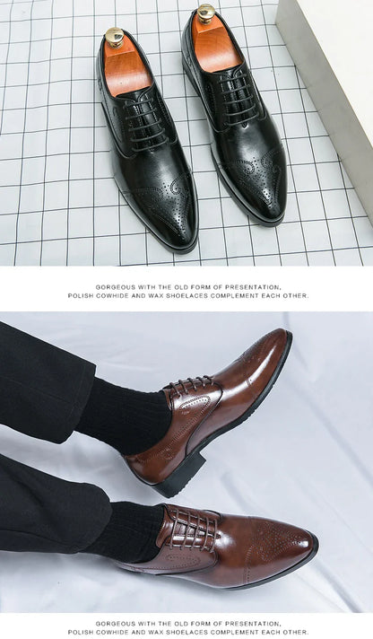 Formal Brogues Shoes Men Classic Social Casual Business Shoes Man Wedding Men's Dress Shoes Party Pointy Toe Leather Shoes Male