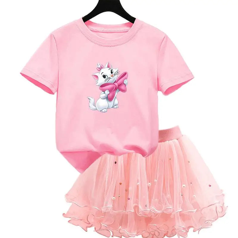 The Aristocats Marie Cat 2Pcs/Set Girl Dress Kid Birthday Clothes Party Princess Dress T-shirt+Tutu Skirt Summer Christmas Gift