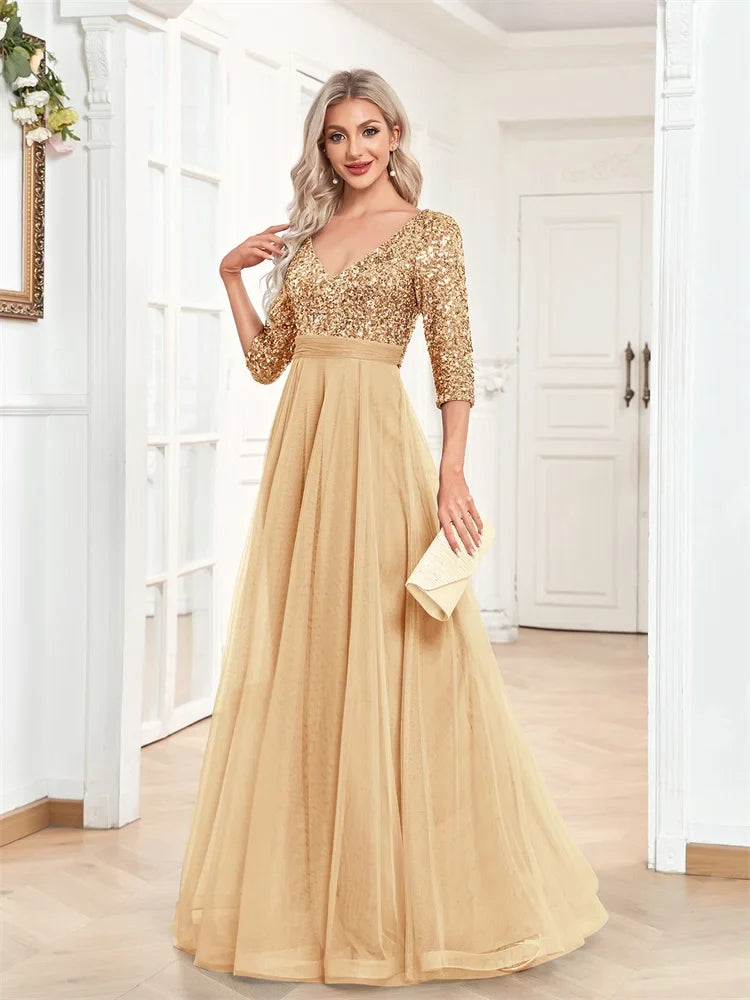 Luxury Gold Floor Length V-Neck Tulle Splicing Evening Dress Women Elegant Party Maxi Sequins Short Sleeves Cocktail Gowns
