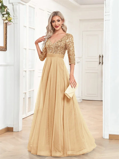 Luxury Floor Length V-Neck Evening Dress 2025 Women Elegant Party Maxi Dress Sequin Short Sleeves Prom Cocktail Gown