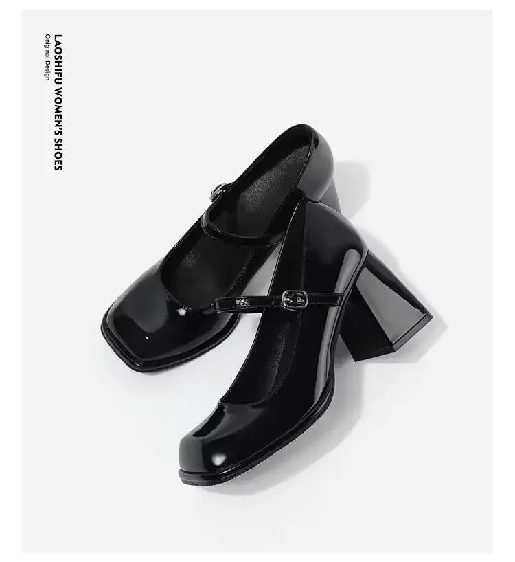 Mary Janes Vintage Black Sandals Woman Buckle Casual Medium Heels Office Ladies Solid Elegant Heels Korean 2024 Summer