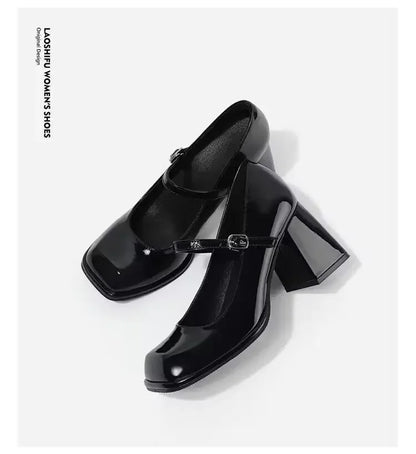 Mary Janes Vintage Black Sandals Woman Buckle Casual Medium Heels Office Ladies Solid Elegant Heels Korean 2024 Summer
