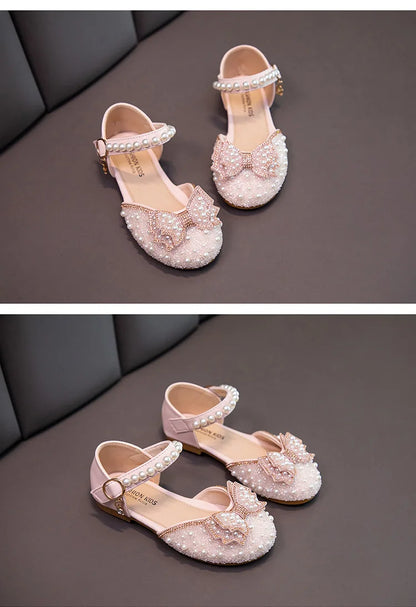 2026 Spring New Girl Sandals Cute Bow Pearl Sequins Kid Princess Shoes Flat Heels children Dancing 21-34