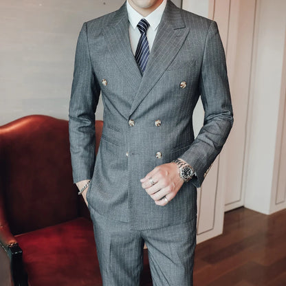 S-5XL ( Blazer + Pants ) Men's High-end Brand Formal Double Breasted Suit Gray 2 Piece Set Wedding Dress Plaid Suit Groom Party
