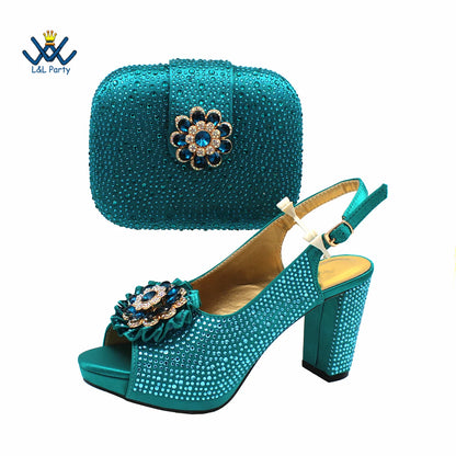Special Design Women Crystal Style African Ladies Party Shoes Matching Bag in Magenta Color