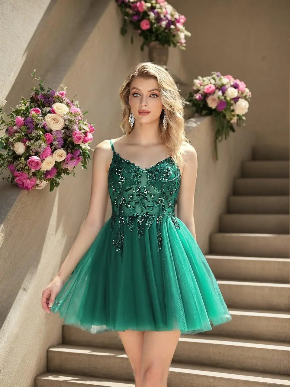 Mini Cocktail Dress Sequin Appliques V-Neck Backless Spaghetti Strap Gowns Pleated Tulle A-Line Homecoming Dresses