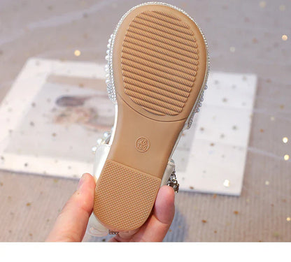 2025Summer Girls Sandals With Heel Fashion Rhinestone Shiny Glitter Shoes Children Princess Bowtie Pearl Dancing Shoes