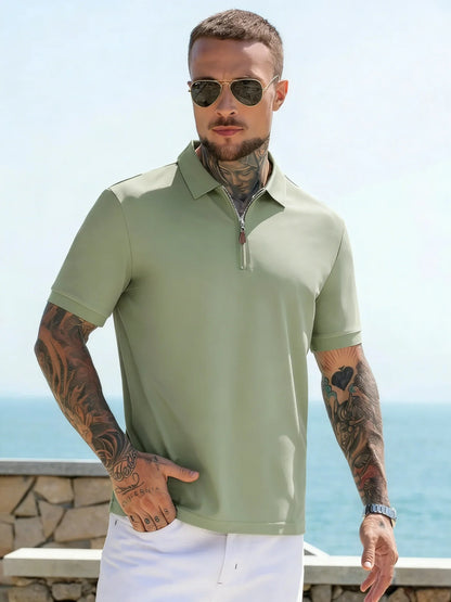 Summer New Men's Fashion Half Pulled Chain Collar Collar Golf T-shirt, Golf Slimming Short Sleeve Top, Casual Men's Top M-5XL