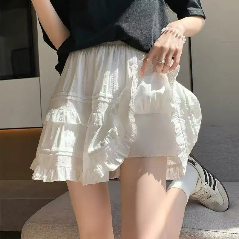 Kawaii White High Waist Pleated Mini Skirts for Women Summer Slim A-Line Skirt Y2K Versatile Puff Tiered Faldas for Girls Female