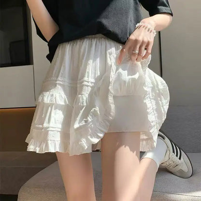 Kawaii White High Waist Pleated Mini Skirts for Women Summer Slim A-Line Skirt Y2K Versatile Puff Tiered Faldas for Girls Female