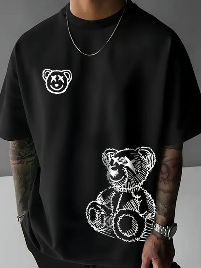 Summer men's 100% pure cotton casual sports loose and fashionable cartoon bear pattern printed round neck short sleeved T-shirt