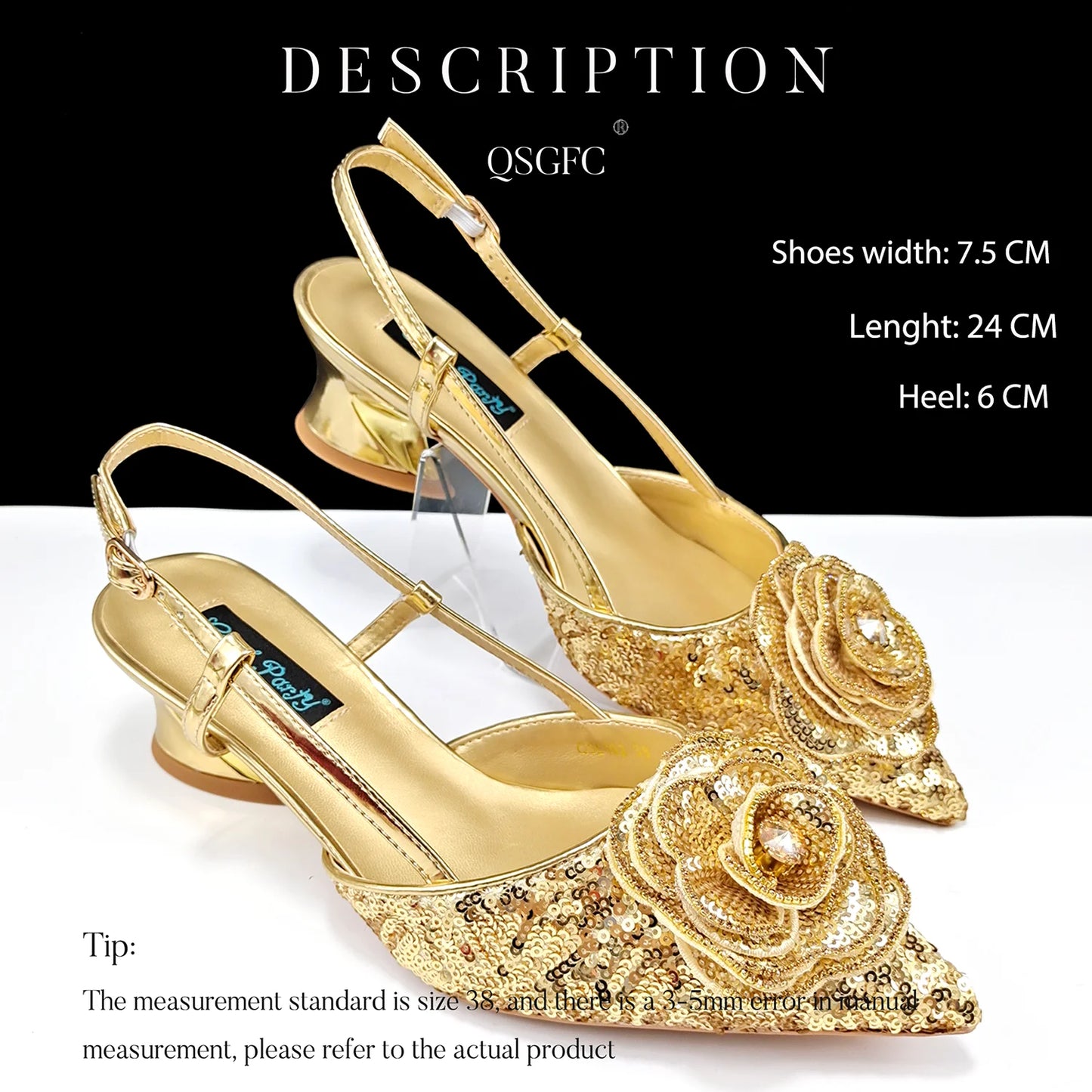 Gold Color Shoes and Bag Elegant Handbags and Medium Heel Shoes Beautiful Handmade Flowers For Wedding Party