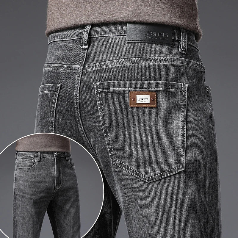 Calça Jeans Masculina Coreana Macia Elástica Slim Fit Negócios Casual Reta Jeans Clássica Marca Azul Lavado Cinza