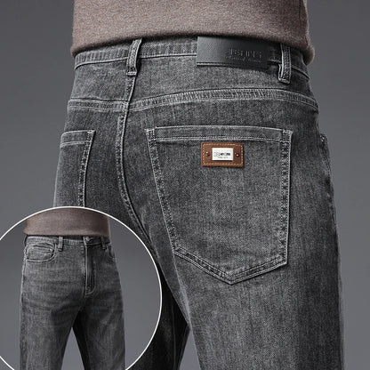 Calça Jeans Masculina Coreana Macia Elástica Slim Fit Negócios Casual Reta Jeans Clássica Marca Azul Lavado Cinza
