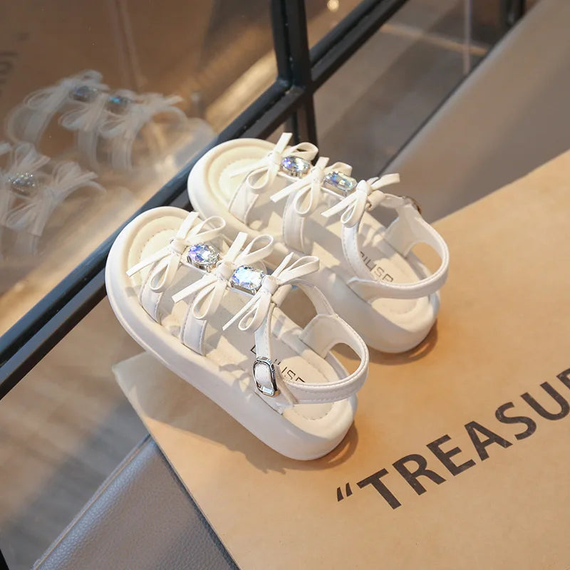 Summer Kids Fashion Hollow-out Roman Sandals Student Water Diamond Bow Sandals Sweet Bowknot Comfortable Elegant Girls Shoes