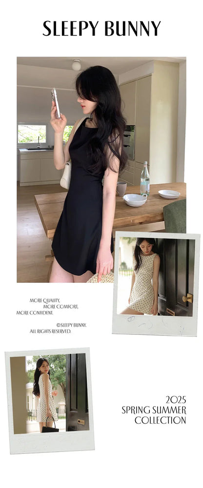 French Black Sleeveless Mini Dress Women Summer Slim Fit A-Line One-Shoulder Strap Dress Petite Elegant Casual Vacation Outfit