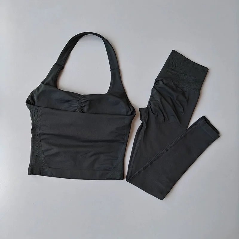 Fitness Set, Long Halter Neck Back-Shaping Leggings, High-Waisted Butt-Lifting Breathable Training Pants for Women