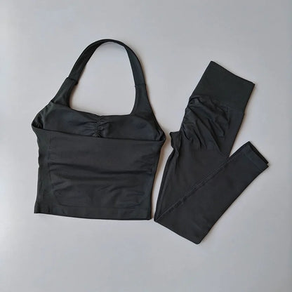 Fitness Set, Long Halter Neck Back-Shaping Leggings, High-Waisted Butt-Lifting Breathable Training Pants for Women