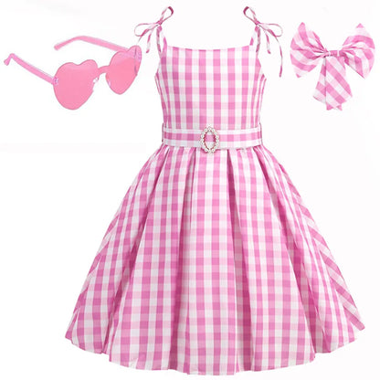 2025 Summer Beach Baby Girl Pink Cute Sleeveless Plaid Slim Strap Dress For Girl Cowboy Look Stripe Dress Set With Belt