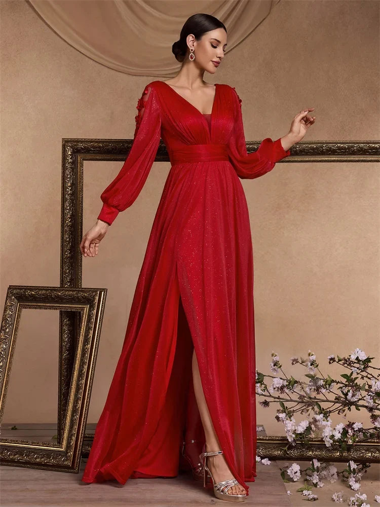 Elegant Slit Formal Applique Chiffon Evening Dress Luxury 2025 Women Long Mermaid V-neck Caicktail Gown Wedding Party Prom
