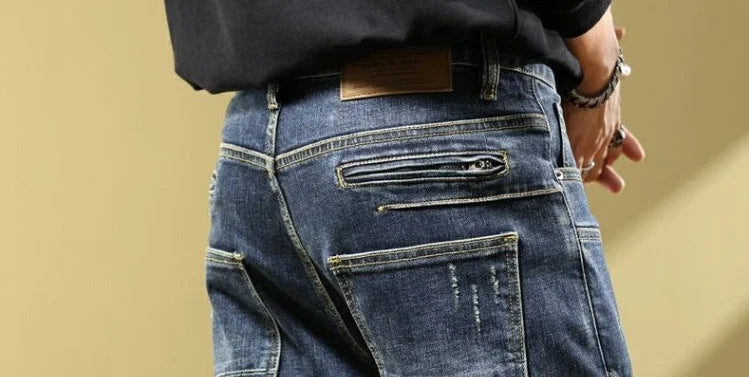Man Cowboy Pants with Pockets Men's Jeans Motorcycle Tapered Trousers Straight Retro Trend 2025 Classic Stylish Goth Denim Buggy
