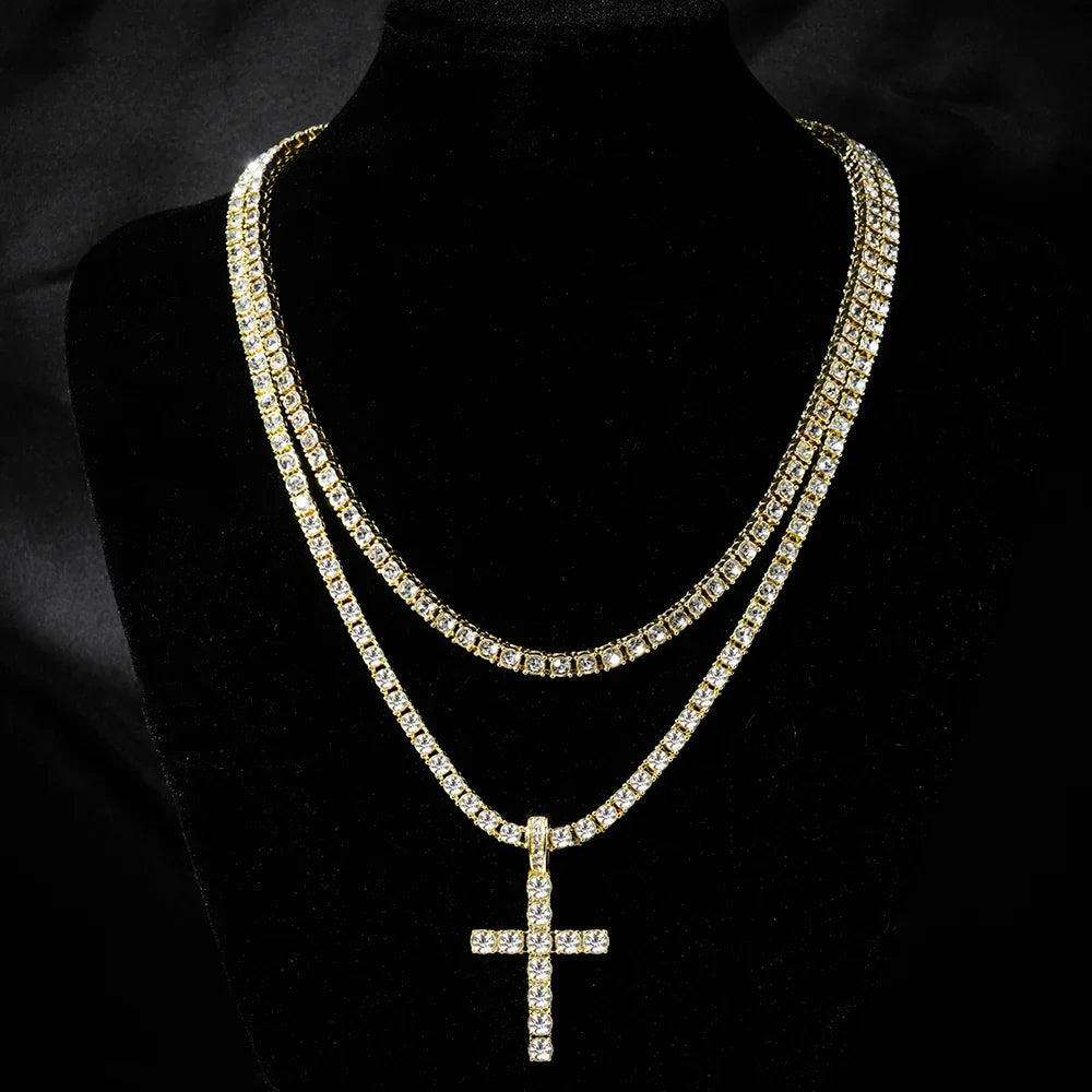 Hip Hop Iced Out Cross Pendant Necklace Strap 4mm Zircon Tennis Chain Men Women Sparkling Necklace Punk Jewelry Fashion Gift