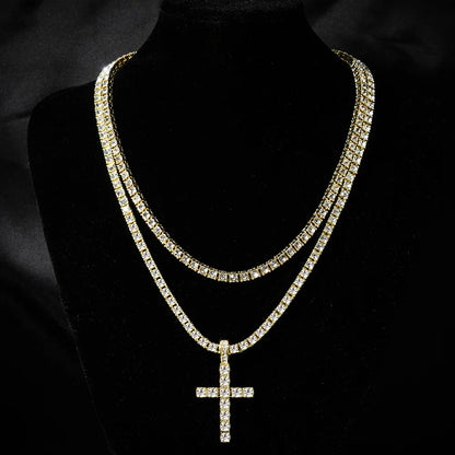 Hip Hop Iced Out Cross Pendant Necklace Strap 4mm Zircon Tennis Chain Men Women Sparkling Necklace Punk Jewelry Fashion Gift