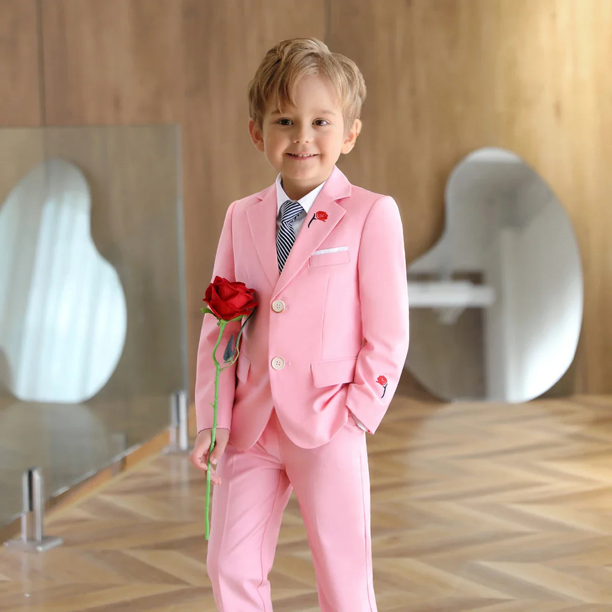 Pink Rose Embroidery Kids Formal Suit Set 3 Pieces Blazer Pants Tie Boy Wedding Suit Communion for Boys Tuxedos Teen Suit