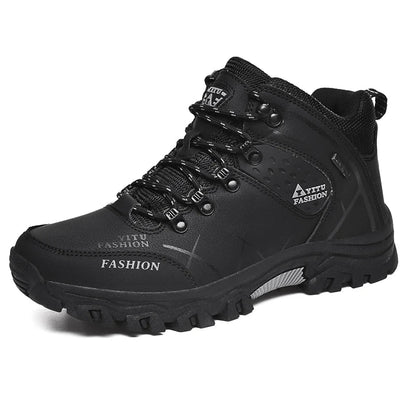 Winter Warm Cotton Shoes Men Outdoor Leather Black Casual Shoes Fur Sneakers High Top Rubber Ankle Boots Male Hiking Trekking 46