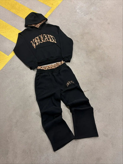 High street fashion leopard print letter embroidered men sportswear suit Y2K American casual retro hoodie trend loose clothing