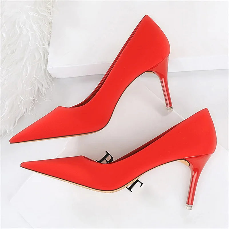 Women 7.5cm 10.5cm High Heels Scarpins Silk Satin Pumps Lady Quality Green Purple Fetish Wedding Bridal Mid Low Heels Prom Shoes