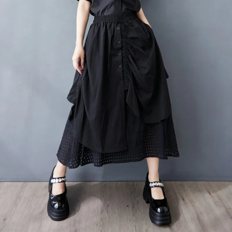 Spring And Summer Woman Hollow-out Splicing Irregular Fashion Loose Patchwork Drawstring Elastic Waist Pleated Umbrella Skirt