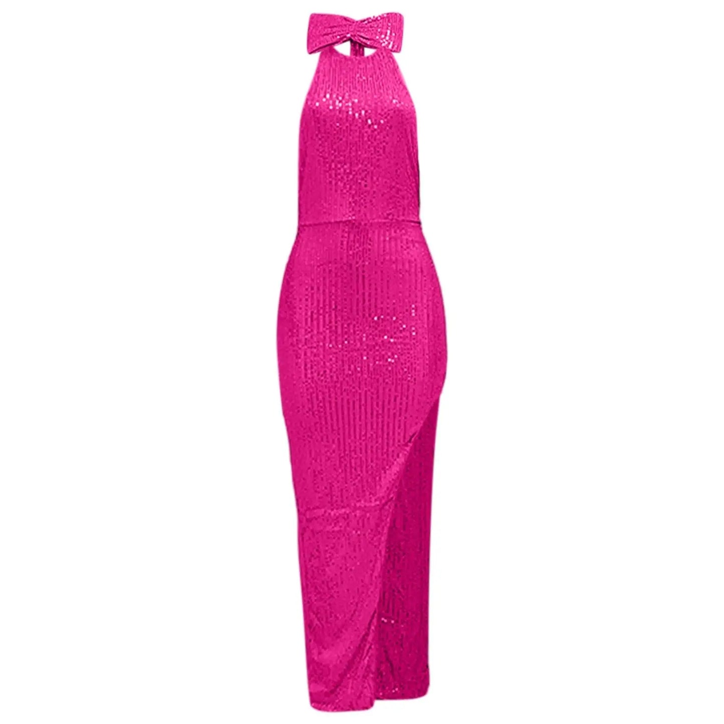 Women's Sequined Long Party Dresses Fashion Solid Color Hanging Neck Round Neck Bow Sleeveless Slit Long Dress Evening Dresses