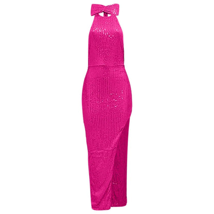 Women's Sequined Long Party Dresses Fashion Solid Color Hanging Neck Round Neck Bow Sleeveless Slit Long Dress Evening Dresses