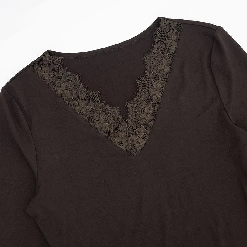 V neck Lace T shirt Top Women Sexy Navel Exposed Pullover Fashion Splice Hot Girl Club Party Top Autumn New Lady T shirt