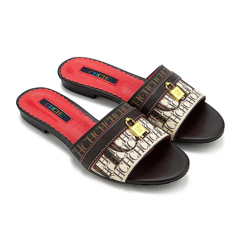 High Quality Metal Lock Monogram Print Women's Low Heeled Slippers Delicate and Versatile Women's Fashion Slippers
