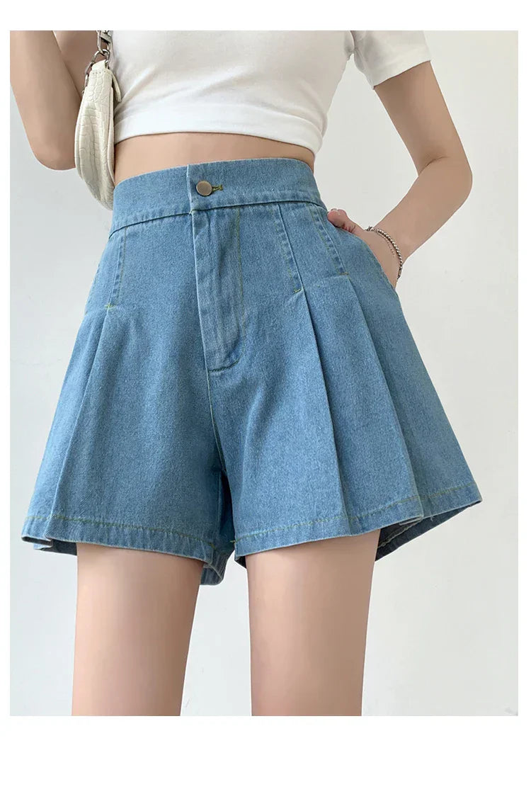 2024 Summer Plus Size Denim Shorts For Women High Elastic Waist Blue Or Sky Blue Pleated Mini Large Size Short Femme