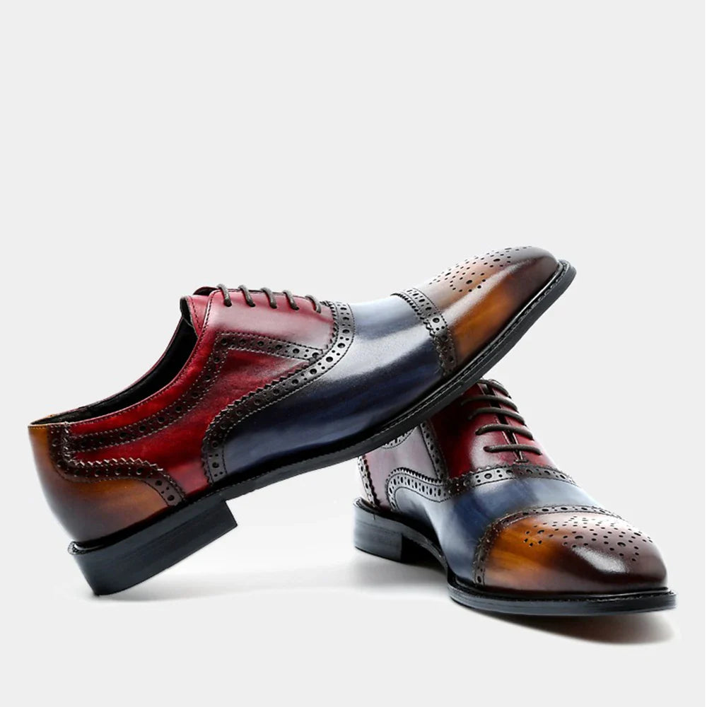 Color Block Genuine Leather Mens Formal Oxford Shoes Cap Toe Lace Up Brogue Business Party Elegant Gentleman Dress Shoes for Men