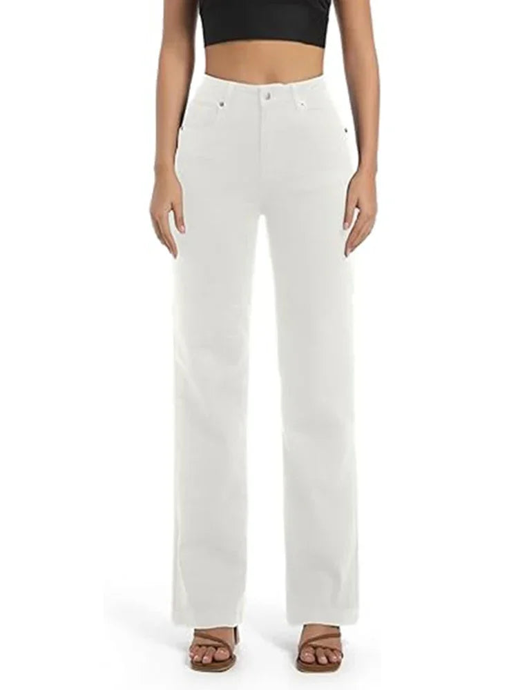 Ins Fashion Jeans Women Comfortable High Waisted White Jeans Girls Thin Stretch Denim Pants Female Straight Leg Trousers
