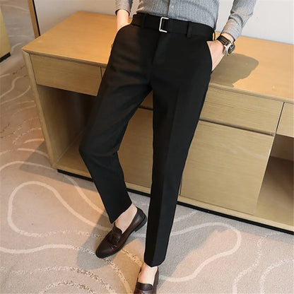 Autumn Winter Men's Slim Fit Suit Pants With Belt Solid Color Smart Casual Youthful Vitality Suit Trousers Men Korean Style Pant