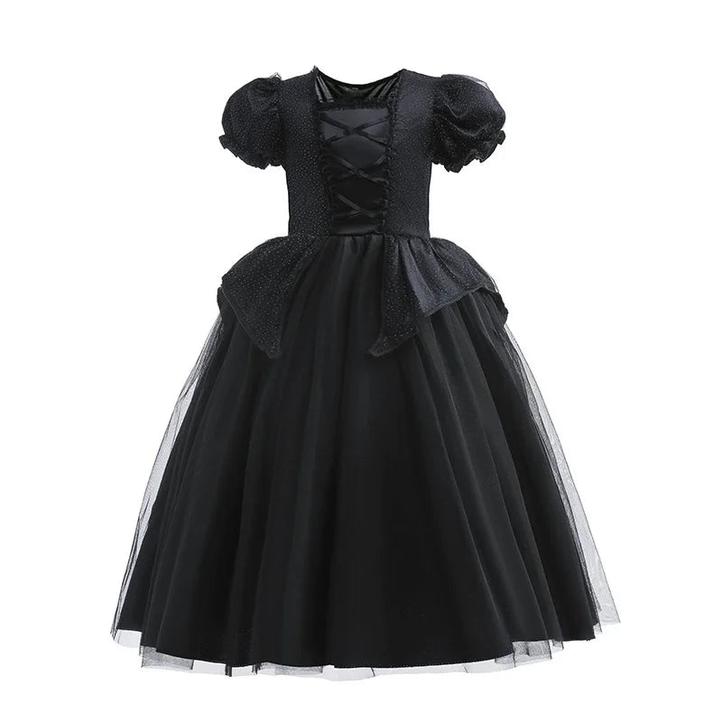 Black Princess Witch Dress with Hat Halloween 2025 Wizard Costume Play Girl Carnival Street Party Apparel Villain Witch Vestidos